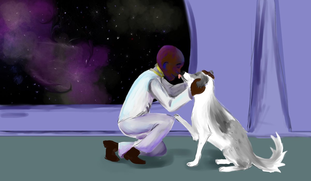 digital painting of Ambassador Olyn Madzhin-Nil petting their dog Patience who's licking their nose. They are next to a window looking out onto a nebula.