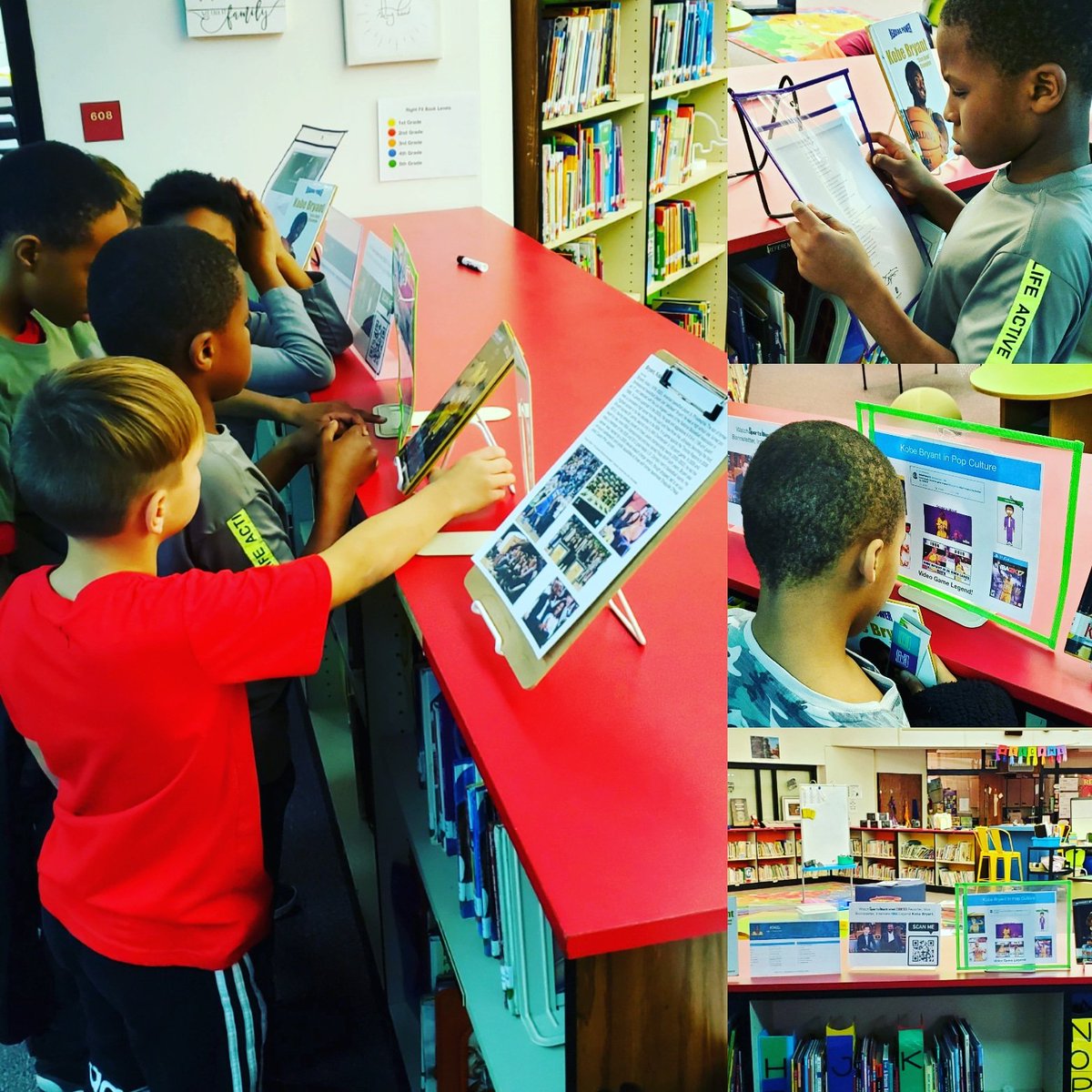 Our Kobe Bryant display in the library provided an opportunity for conversation and comfort today. Incidentally all 3 Kobe Bryant biographies were also checked out after this little moment of fraternity. 
 #rbalightning #elementaryschoollibraries #wholechild #kobebryant