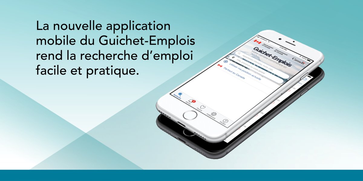 Image d'un téléphone portable montrant l'application Guichet emplois. Texte: La nouvelle application du guichet-emplois rend la recherche d'emploi facile et pratique. 