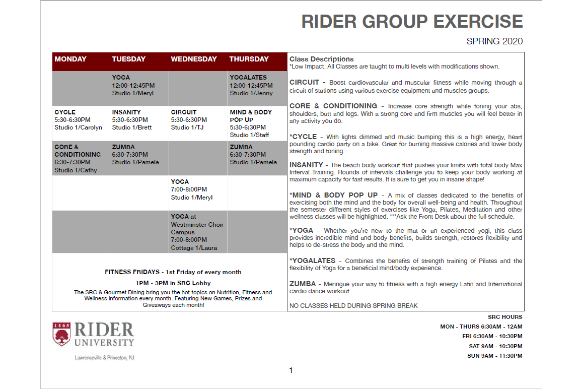 RiderUSRC's tweet photo. Welcome back Broncs! Today will start our normal Spring semester hours &amp; Group-X classes will also begin today! Attached is our Group-X schedule and you can get more information on our website! https://t.co/Tfr47vArkJ https://t.co/sAdFlnGP6V