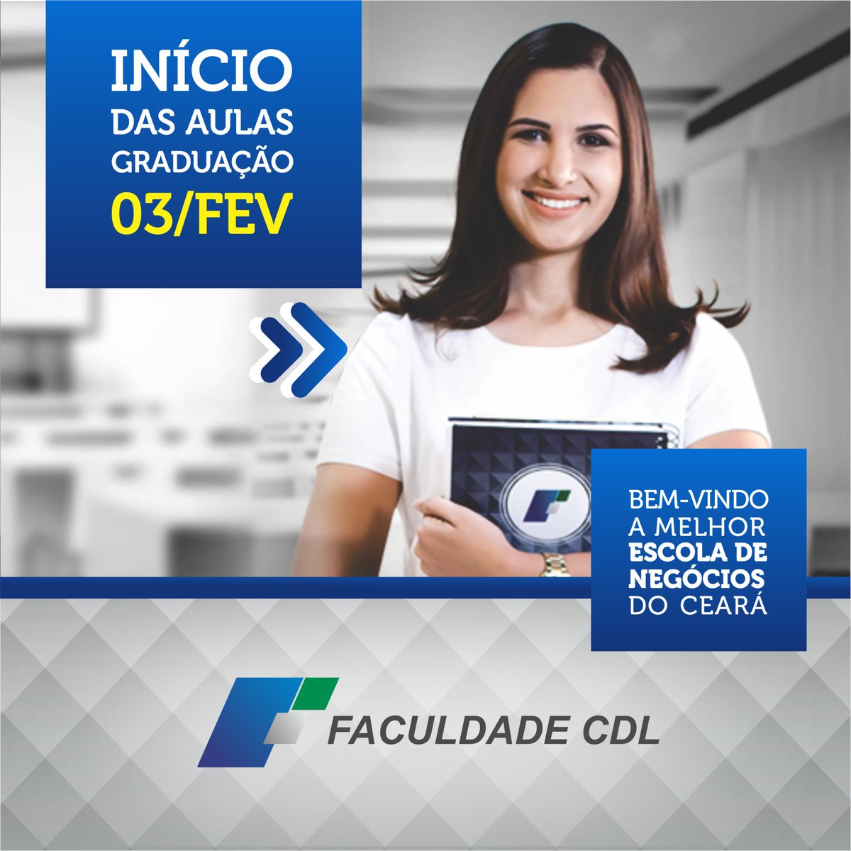 FaculdadeCDL's tweet photo. ÚLTIMA SEMANA DE FÉRIAS! 😱 Na próxima segunda-feira (3), damos início a mais um período letivo. Novatos e veteranos começam um novo semestre e queremos dar as boas vindas em grande estilo. Então, não perca este grande dia. Um passo à frente no futuro, certo? 😉 https://t.co/B7BzNJ9Bdz
