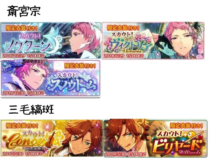 あんスタまとめ スカウト一覧まとめ スカウト開催期間順 15年16年17年前半 ラストにする予定でしたが見にくくなる為前半と後半をわけました なのでもう1つツイートします あんスタ 月スタ あんさんぶるスターズ