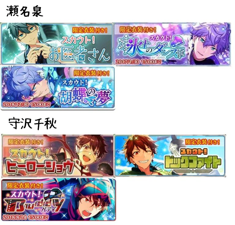 あんスタまとめ スカウト一覧まとめ スカウト開催期間順 15年16年17年前半 ラストにする予定でしたが見にくくなる為前半と後半をわけました なのでもう1つツイートします あんスタ 月スタ あんさんぶるスターズ