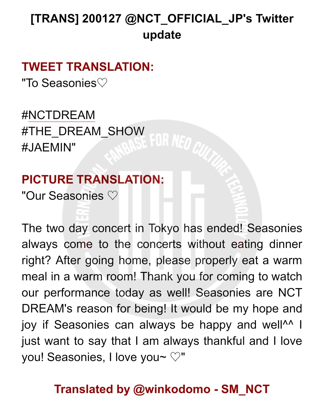 SM_NCT on Twitter: "[TRANS] 200127 @NCT_OFFICIAL_JP's Twitter update ...