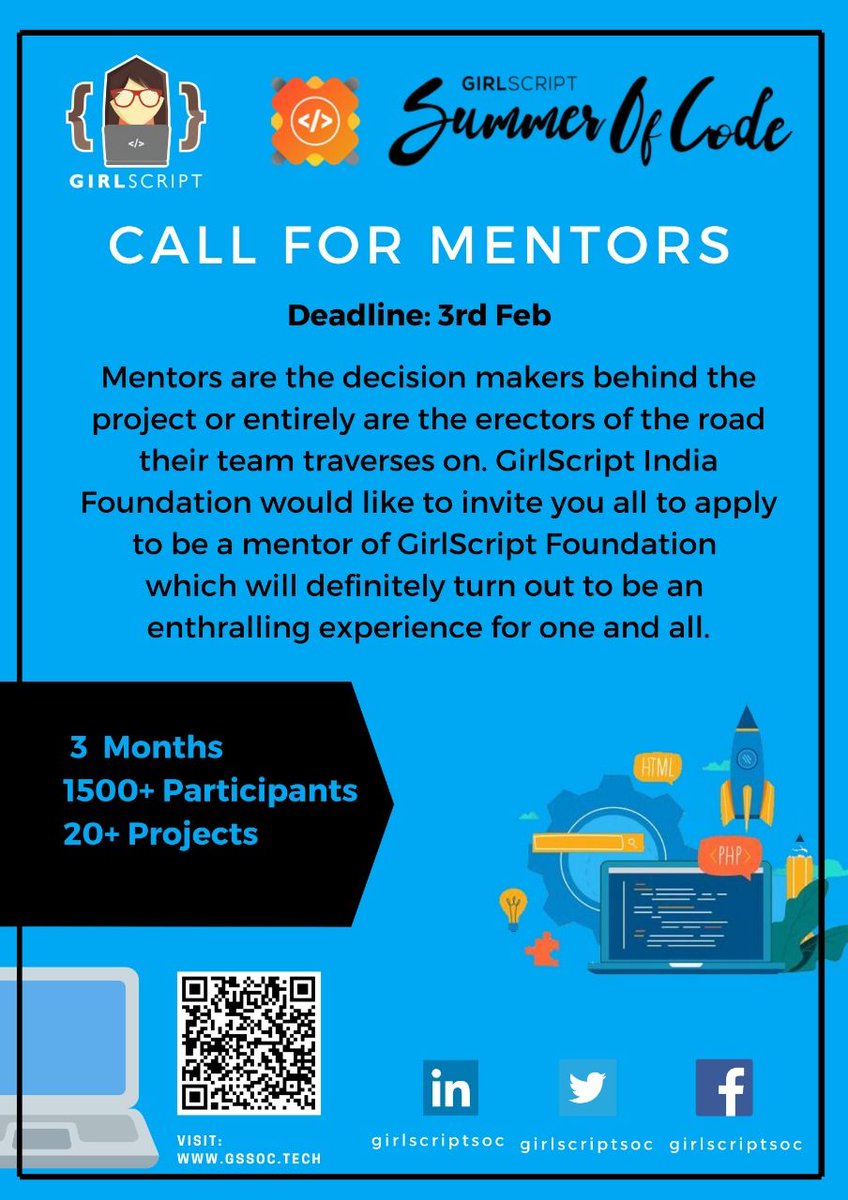 girlscriptsoc's tweet photo. If you want to help the newbies in the field of #OpenSource to kick start their journey with #GSSoC 20, apply for being a #Mentor today and share your knowledge with others.

Link: https://t.co/VWJslWQQyj

Last day to apply: 3rd February 2020

@Girlscript1 #SummerOfCode https://t.co/xFa7CxzB8d