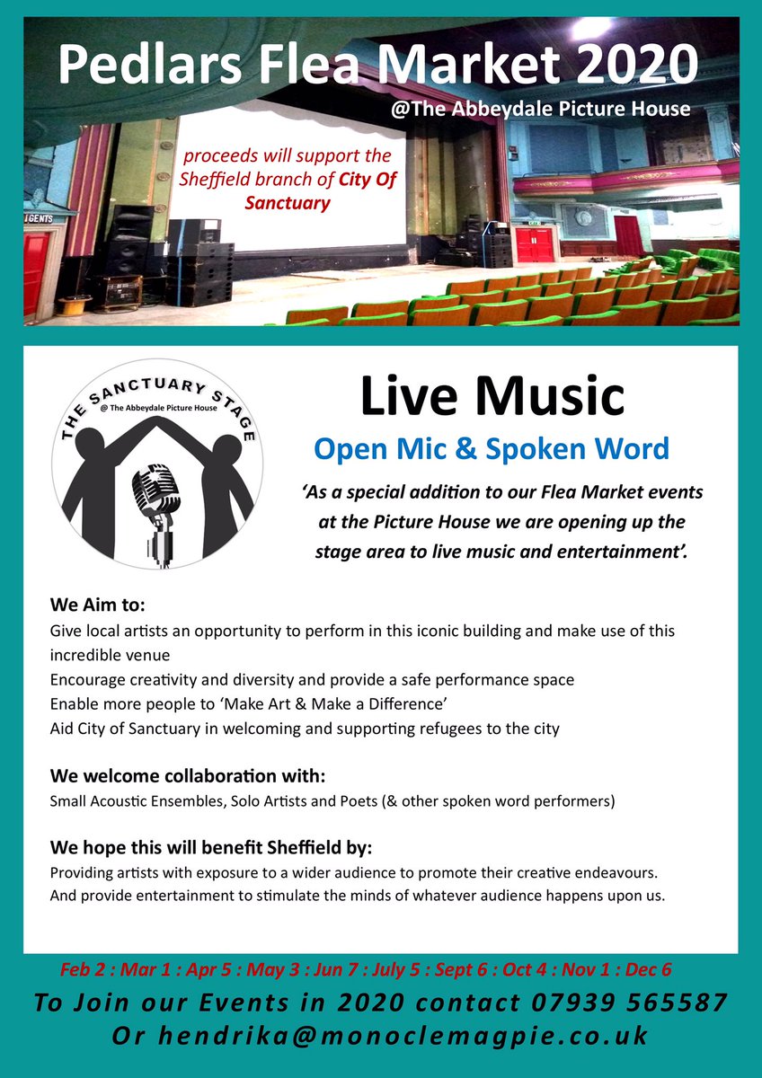 VintagMarket's tweet photo. This Sunday @Abbeydale_PH 10-3. Our 2020 Flea Markets begin. This time with the addition of live music and spoken word to raise support for #cityofsanctuarysheffield.  To perform at one of our events please get in touch.... https://t.co/1N6GqS48Nz