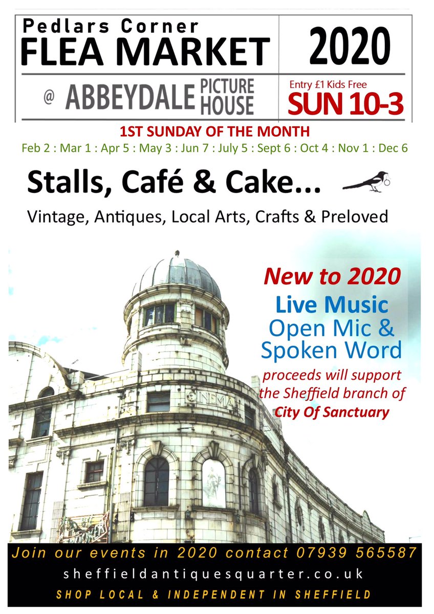 VintagMarket's tweet photo. This Sunday @Abbeydale_PH 10-3. Our 2020 Flea Markets begin. This time with the addition of live music and spoken word to raise support for #cityofsanctuarysheffield.  To perform at one of our events please get in touch.... https://t.co/1N6GqS48Nz