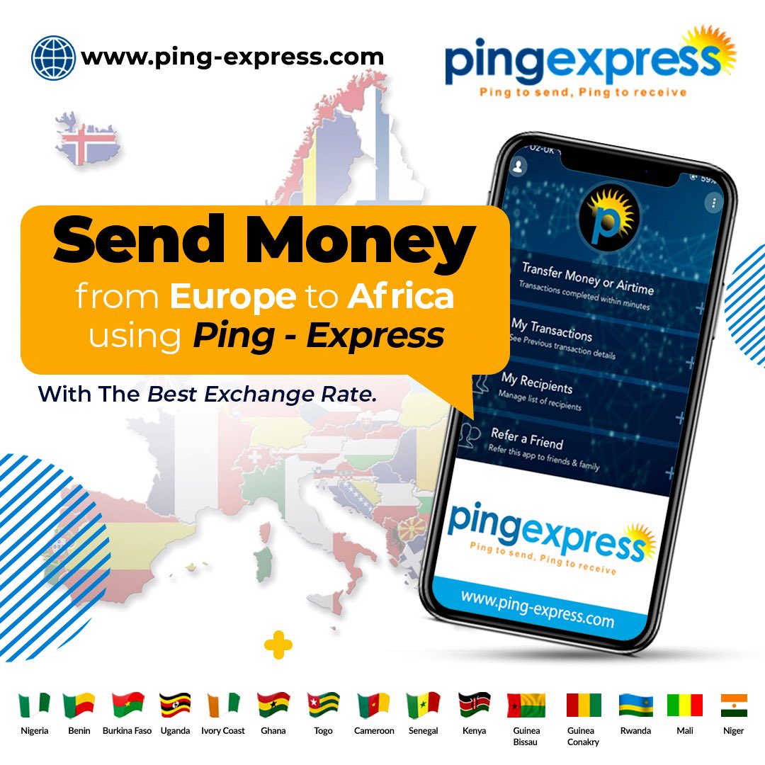 thepingexpress's tweet photo. Transfer funds conveniently from your mobile phones to loved ones in Africa and from Europe - ๐ช๐ธ ๐ซ๐ท ๐ธ๐ช ๐ฎ๐น ๐ณ๐ฑ ๐ฎ๐ช ๐จ๐พ ๐ต๐ฑ ๐ฆ๐น ๐ง๐ช ๐ฉ๐ช ๐ธ๐ฎ ๐ต๐น ๐ท๐ด ๐ฒ๐น ๐ฑ๐น ๐ฑ๐บ ๐ฑ๐ป ๐ญ๐บ ๐ช๐ช ๐ฉ๐ฐ ๐จ๐ฟ ๐ญ๐ท ๐ง๐ฌ
.
.
Visit https://t.co/9llU0bQNbI to get started.
.
.
#PutASmileOnAFace #PingExpressly #PingCloserToHome https://t.co/JkT0zJst1K