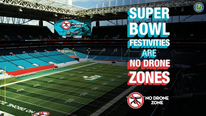 #Drone pilots and #football fans in #Miami: the #FAA has important information about #NoDroneZone restrictions for the @MIASBLIV festivities. Learn more bit.ly/2QWzkSt. #SuperBowlLIV