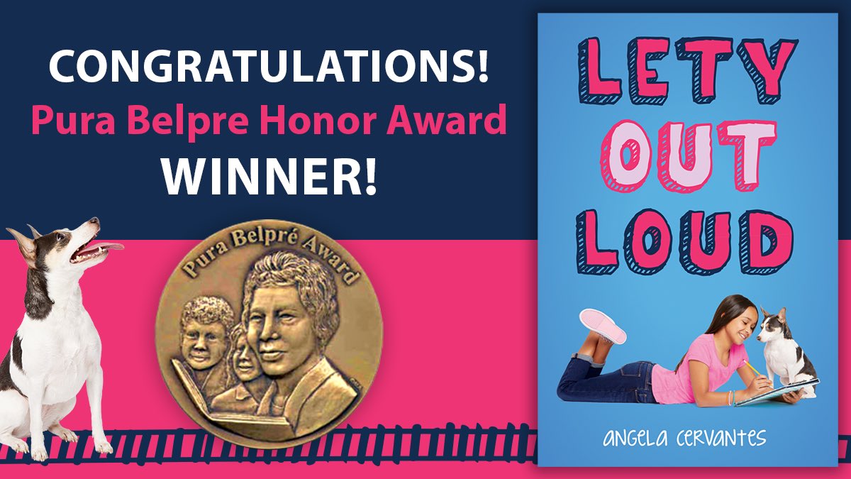Scholastic's tweet image. Congratulations to @AngelaCervantes! LETY OUT LOUD is a 2020 Pura Belpré Author Honor Book! 🎉 #alamw2020 #ALAyma