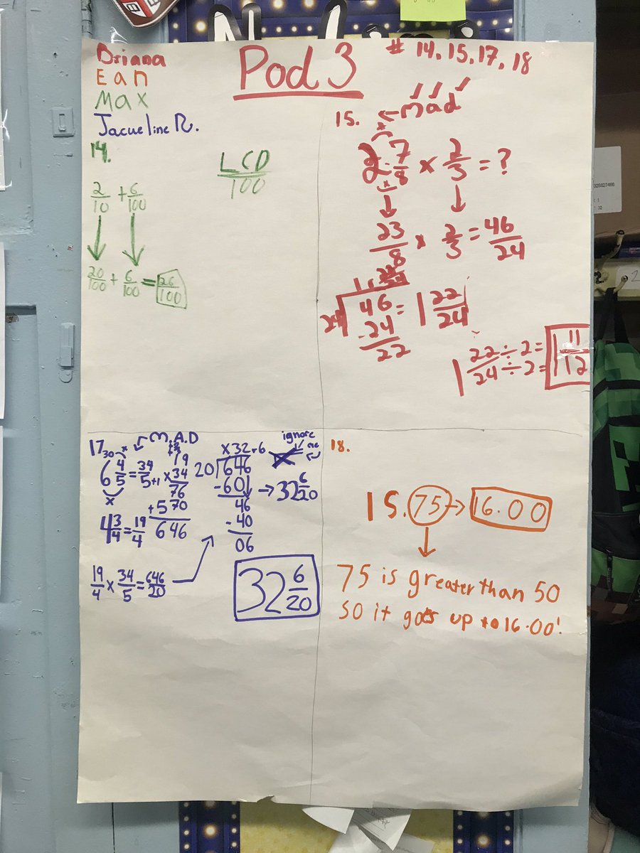 MadeFor5thGrade's tweet image. Students work in collaborative groups to check and edit mathematical computations. This activity is accompanied by a “gallery walk” where students can identify different ways of finding solutions. 
@PS66JKO ✖️➕➖➗
#AlgebraForAll