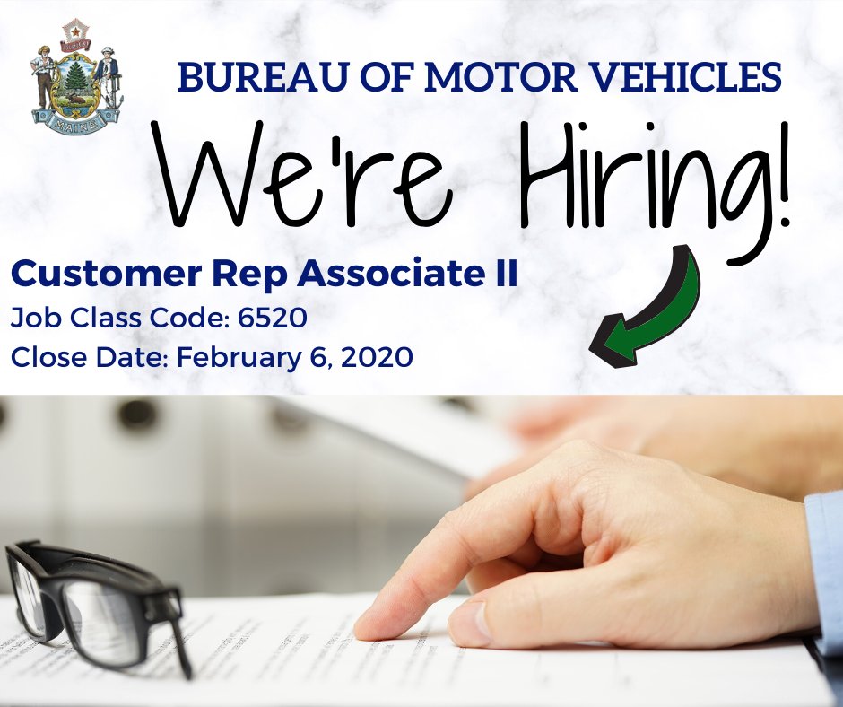 mainebhr's tweet image. #CustomerRepresentative openings in #PortlandMaine &amp;amp; #ScarboroughMaine at the #BMV! This position will administer driver licensing written &amp;amp; vision tests as well as assist w/ motor vehicle registrations. 

mainebhr.recruiterbox.com/jobs/fk03k7g/

#MakeADifference #StateOfMaine #StateGovernment