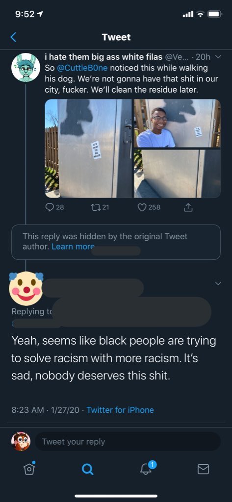 "Yeah seems like black people try to solve racism with more racism" FIRST OF ALL, that's not even the case, when you constantly get spat in the face going the civil route, to be met with the covert racism I mentioned, what are you gonna do? Anyways I'm done.