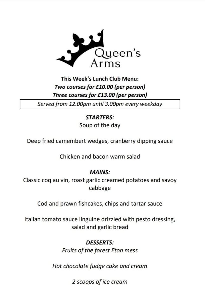 Our Lunch Club menu this week includes dishes such as deep fried camembert, classic coq au vin, Italian tomato linguine and Eton mess - all served between 12 and 3pm every week day? 
Two courses for £10 or three for £13.
This runs alongside our regular 12pm-9pm menu. #Breage