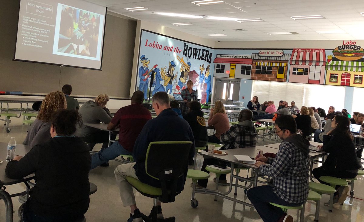 WolfpackPrinci1's tweet photo. In-house experts teaching experts; when staff provide PD it is more meaningful due to relationships!  Ms. Dail leading the learning to support second language instruction for the Wolfpack!  What is awesome is the complete focus of all staff; respect and relationships in action! https://t.co/uwEUYd9ssL