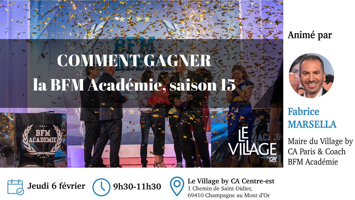 [#SaveTheDate]

Le 6⃣février 2020, 
<a href="/FabriceMarsella/">Fabrice Marsella</a> coach de la BFM Académie vous donnera les clés pour être le grand vainqueur de la #BFMAcadémie ❗️🏆📈

Pour participer à l'événement ➡️ bfm-academie.eventbrite.fr

#Startup #Pitch #Challenge #Innovation #BFM #BFMAcademie
