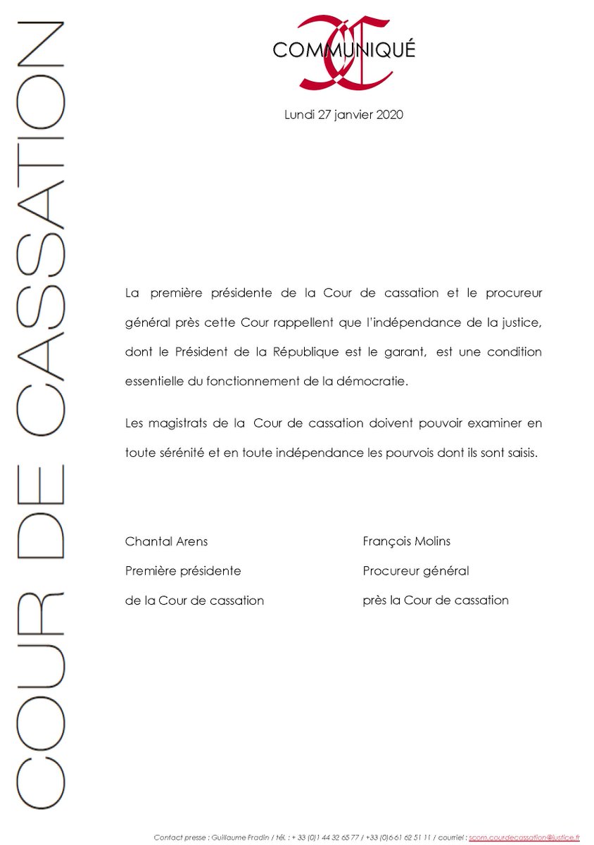 [Communiqué] de Mme Chantal Arens, première présidente de la Cour de cassation et de M. François Molins, procureur général près cette Cour.