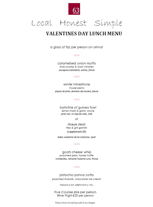 Our Valentines Menu❤

Valentines lunch or dinner on the 14th or 15th Feb

Enjoy a glass of fizz on arrival. 🥂

5 Course Lunch - £34  pp
Matching wine £20 pp

5 Course Dinner - £50 pp
Matching wine £28 pp

Call the restaurant to book on 01738 441451