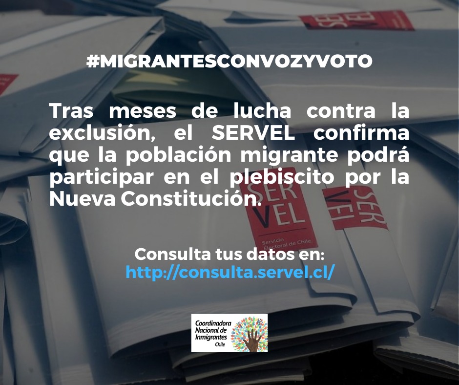 MigrantesChile's tweet photo. ⭕ Hoy el SERVEL confirmó que los extranjeros residentes que tengan más de cinco años desde su primera visa, podrán votar en el plebiscito de abril. Quisieron excluirnos y no pudieron. Si cumples los requisitos y no estás habilitado, tienes hasta el 6 de febrero para apelar https://t.co/MJRX24xAZf