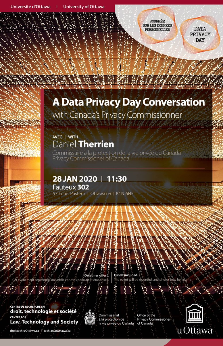 priveeprivacy's tweet photo. À l’occasion de la Journée de la protection des données, joignez-vous à nous au @uOttawaTechLaw demain pour une conversation avec le commissaire à la protection de la vie privée du Canada! #JPD2020
https://t.co/y6oU9Siws1 https://t.co/DrBqyhslw4