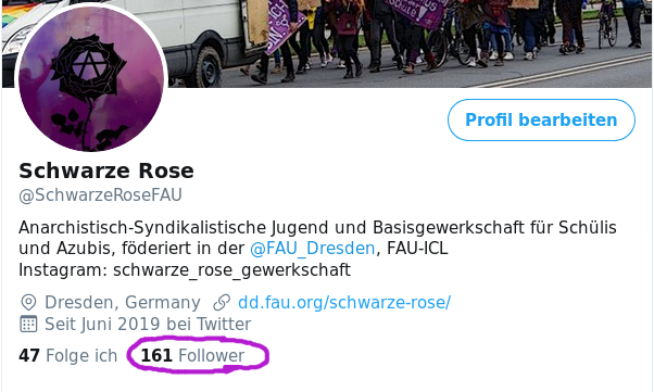 SchwarzeRoseFAU's tweet photo. Danke an alle 161, dass ihr uns bei Twitter folgt!
Wir hoffen, wir sehen euch auch auf der Straße!
#femblock #dd1302 🏴🚩 https://t.co/9NRnzI5krW
