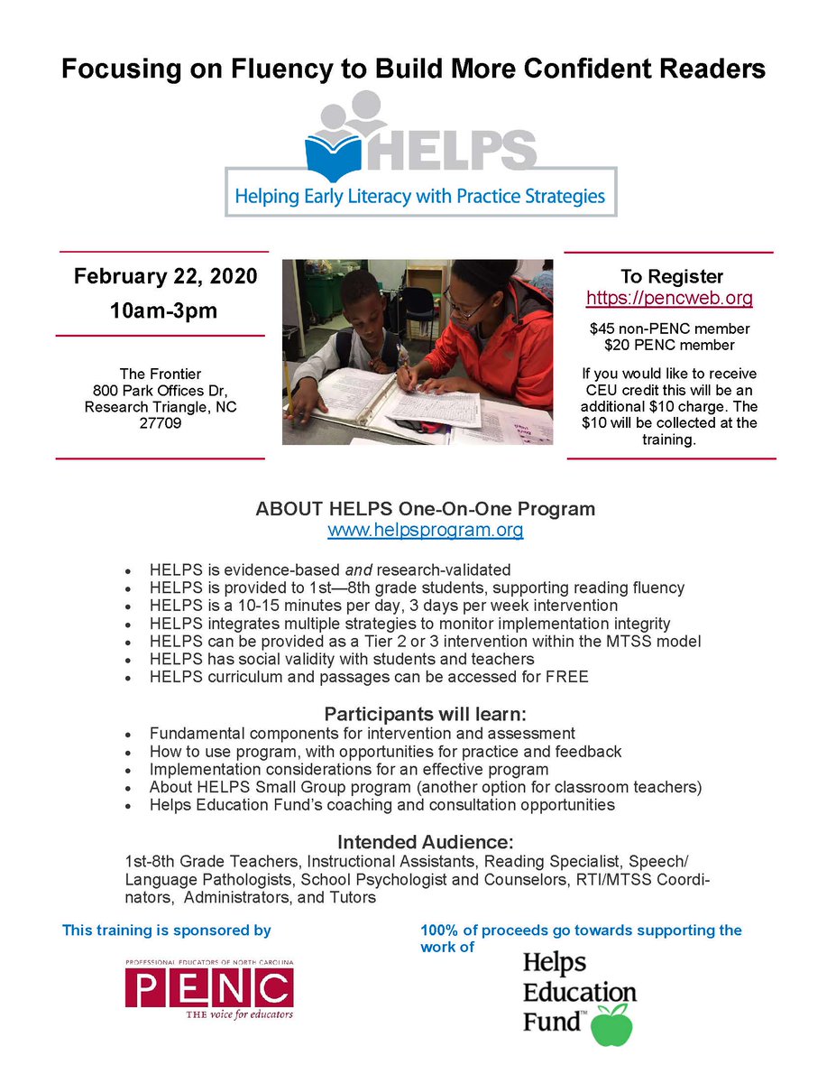 PENCnews's tweet image. Are you looking to grow, reading success with your students? @HelpsEducation is showing proven achievement across North Carolina. Register today for the next #HELPS training sponsored by #PENC! #ncEd 
Read more on the flyer below and register here: pencweb.org/workshops/