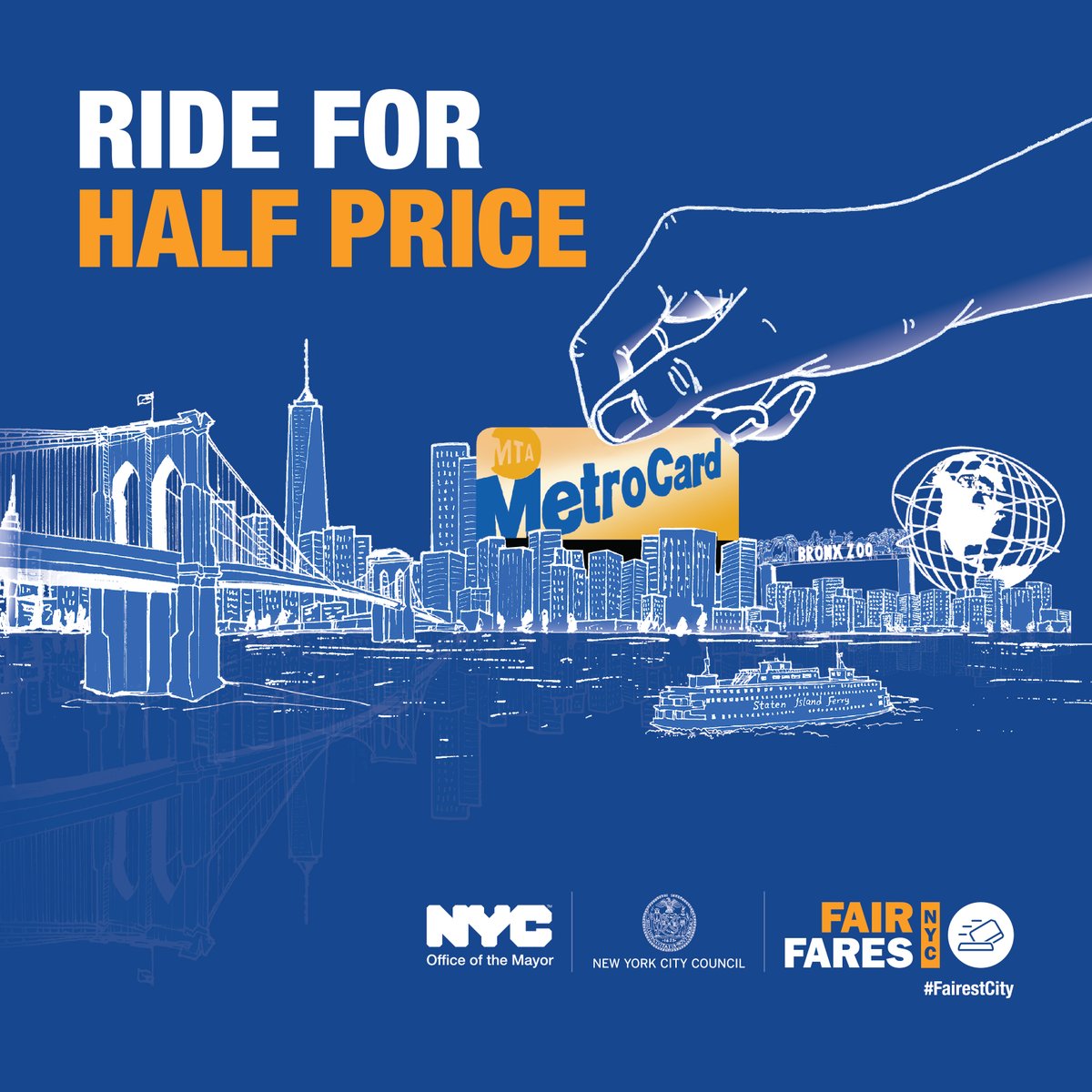 JusticeCtrNews's tweet photo. Starting today, all #lowincome #NYC residents at or below the federal poverty level may qualify for a half-priced transit fare using a #FairFares #MetroCard. Check your eligibility at https://t.co/fjkNvUNSYU #FairestCity https://t.co/ov0tcMMwYQ