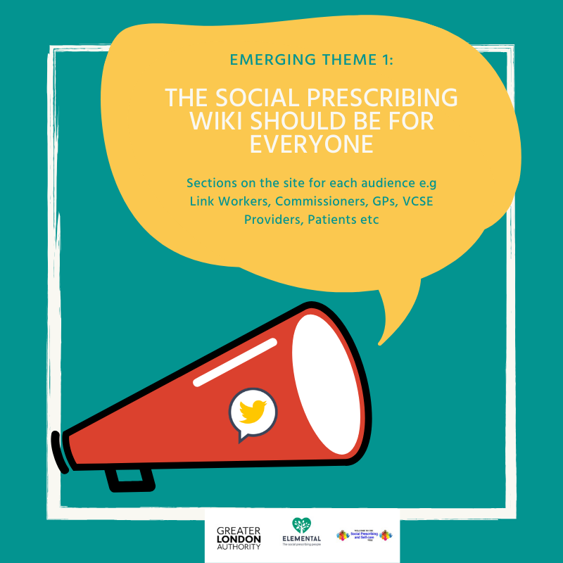 In the lead up to this month's #SPWiki dedicated #socialprescribing Twitter chat, we're sharing themes emerging from feedback to date. Emerging Theme 1: The #SPWiki should be for everyone. Would you agree? Join the conversation this Wed, 8-9PM over on @SocialPresHour