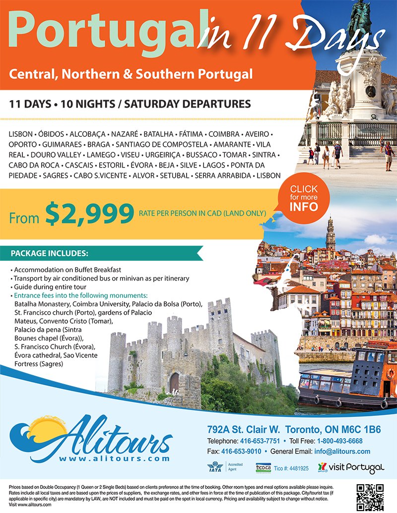 Alitours's tweet image. Portugal in 11 days!!
For more info see alitours.com or call 416-653-7751.
#portugal #lisbon #evora #europe #vacation #tour #freedom #carrental #life #driving #hotel #alitours #touroperator #toronto