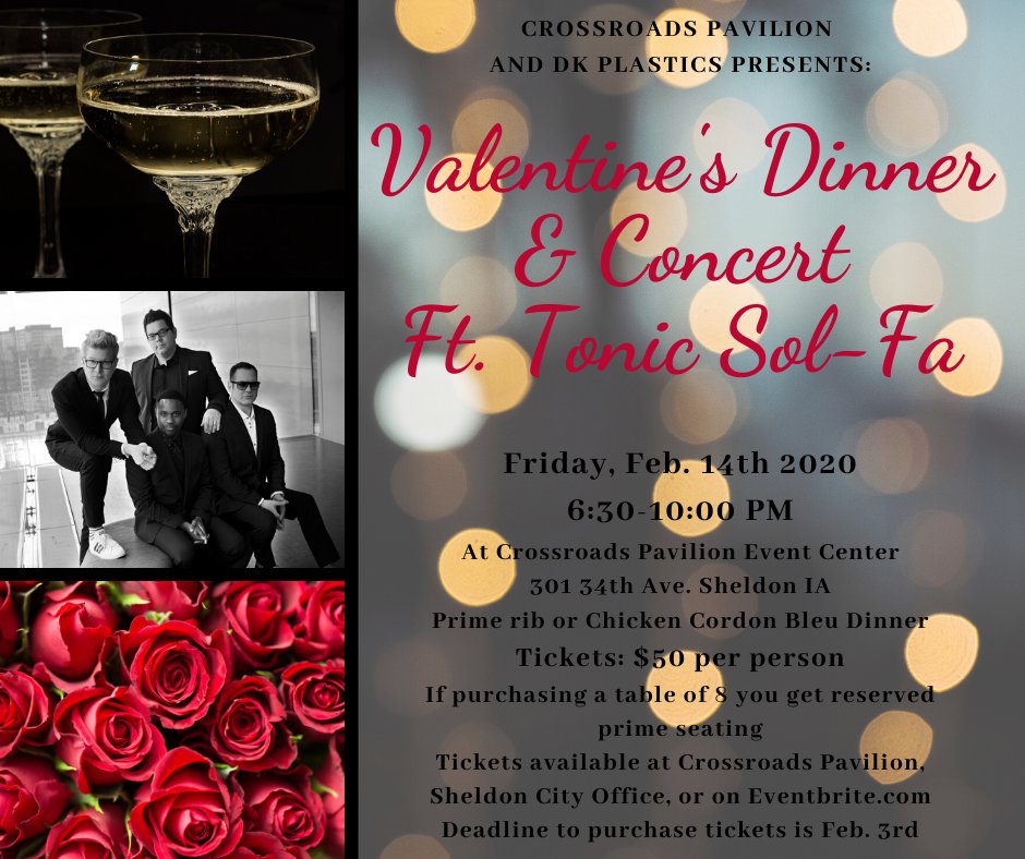 CrossroadsPavi1's tweet photo. You won't want to miss our Valentine's Dinner and Concert on February 14th, featuring Tonic Sol-Fa! Get your tickets now at the event center, sheldon city office, or at:
https://t.co/cCUraa5ZH5 https://t.co/jaEg20tsw8