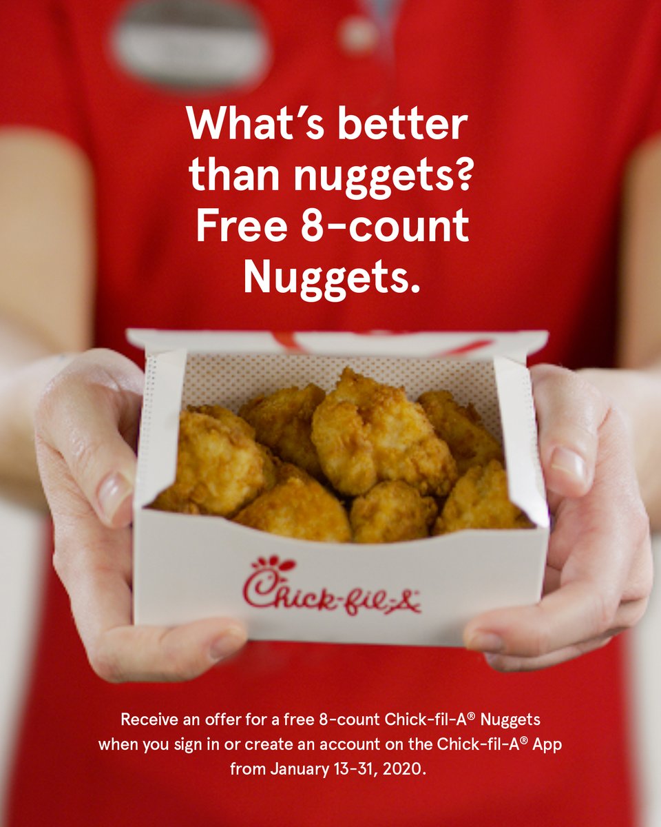 Sign in or create an account on the Chick-fil-A App. and receive an offer for a free 8-count nugget entree. Redeem at a participating Chick-fil-A by 1/31. Subject to availability. Limit one per person, per account. See details in App. #mondaymotivation