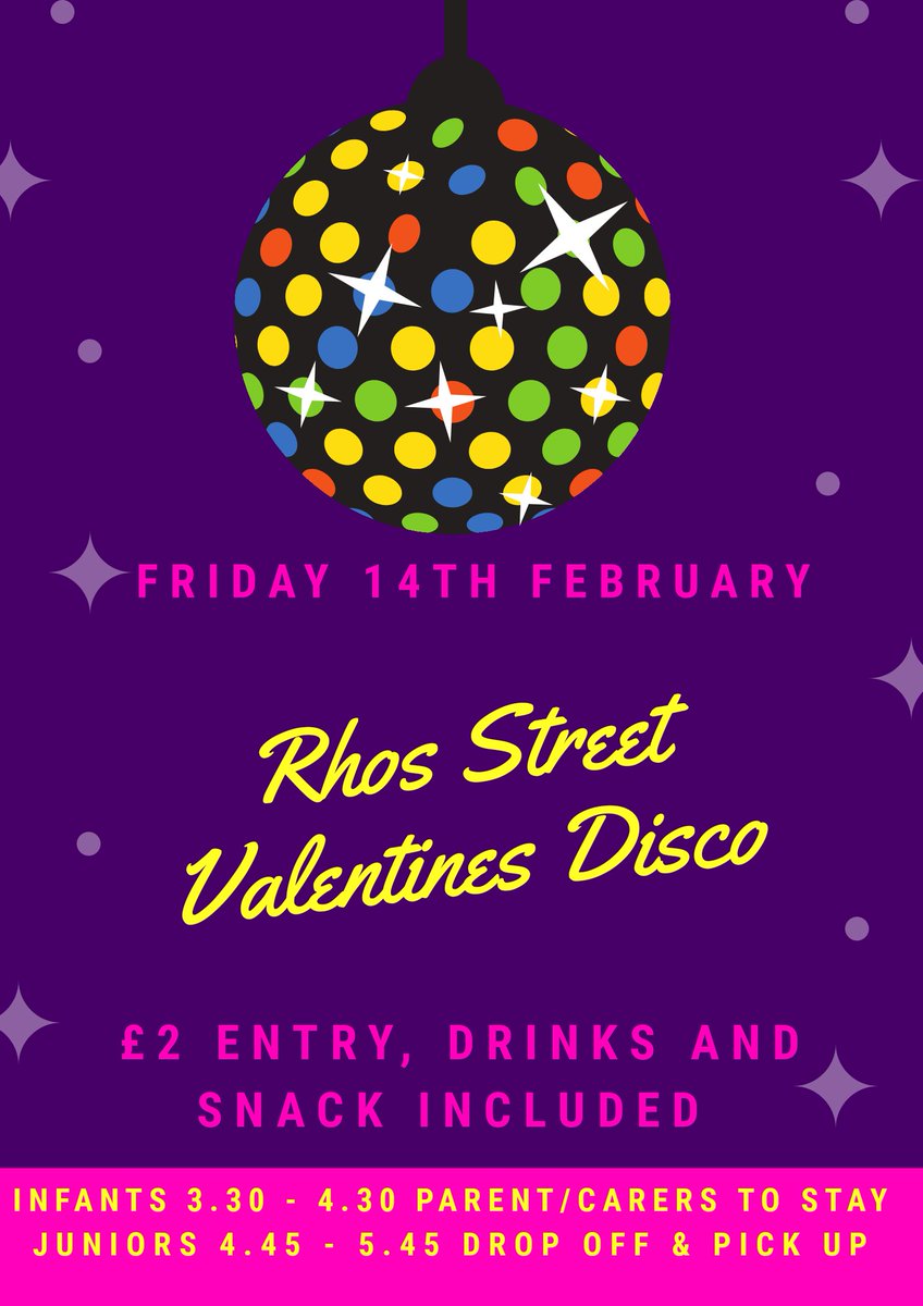 rhosstreet's tweet photo. PTA Valentine's Disco, February 14th / Chwefror 14eg
3.30pm Infants
4.45pm Juniors
£2 entry including a drink and snack / £2 yn cynnwys lluniaeth
#RSSpta https://t.co/U8nRIhoCRy