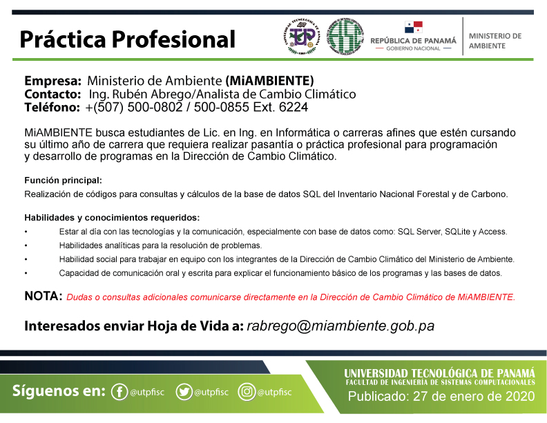 utpfisc's tweet photo. El @MiAmbientePma busca estudiantes de último año que deseen hacer #PrácticaProfesiona
Contacto: Ing. Rubén Abrego/Analista de Cambio Climático
Teléfono: 500-0802/0855 Ext. 6224
Enviar cv a: rabrego@miambiente.gob.pa
#FISC #UTP #UtpFISC #FISC20 #PrácticaProfesionalFISC20 https://t.co/SpKECyDWX8