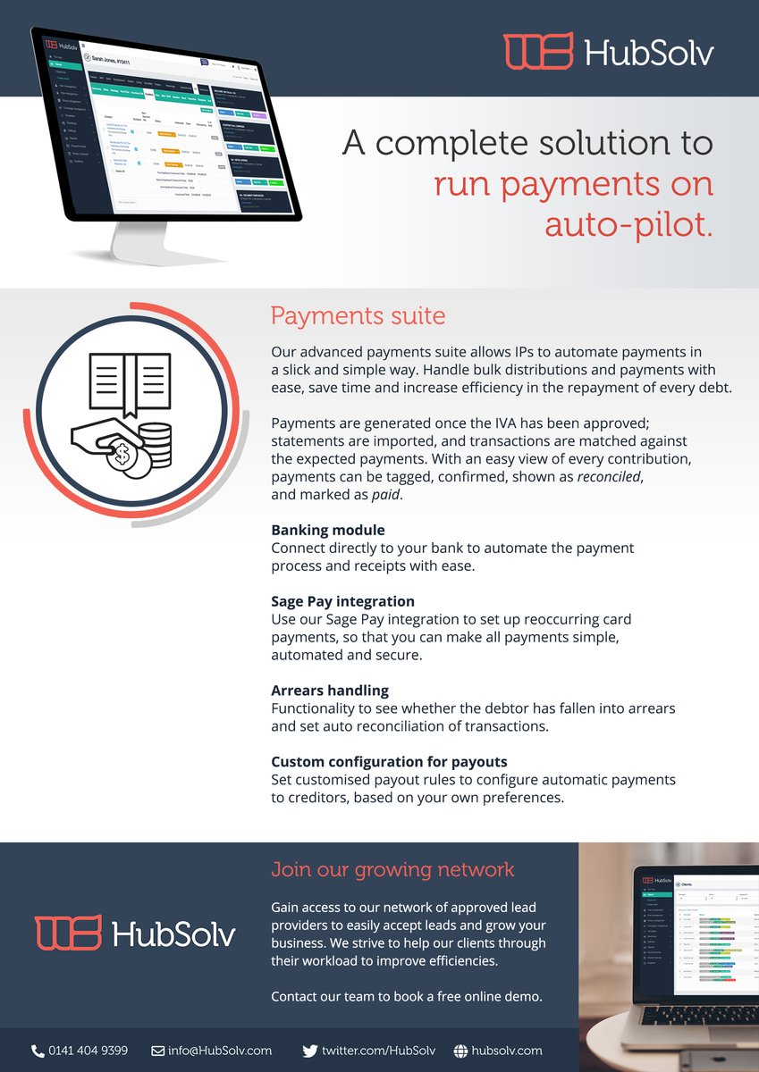 HubSolv's tweet photo. Our Payments suite's core features within #HubSolv allow #insolvency practitioners to increase expediency and save time in the repayment of every debt. Find out more: https://t.co/uwMGGcgkAw

#IVAs #insolvencysoftware #debtmanagement #debtmanagementsoftware #TrustDeeds #DMP https://t.co/ZPjXIjBaZY