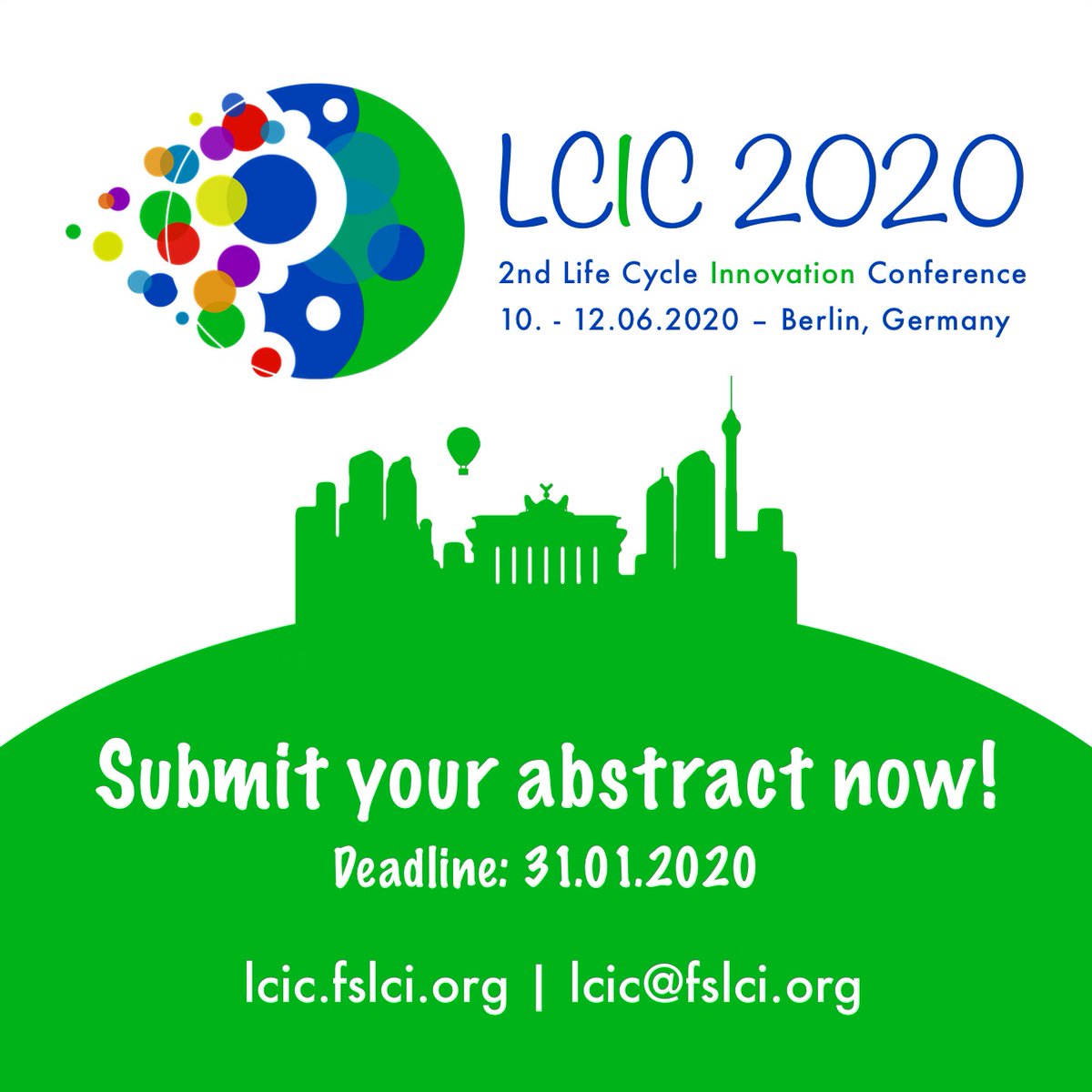 fslci_ev's tweet photo. You have 5 days left to submit an abstract for this year’s @lcic2020 - our 2nd Life Cycle Innovation Conference in Berlin! Submit your #abstract now and join us in Berlin in June :) More information is available here: https://t.co/veSDaGhuAX #lcic2020 #lca #innovation #lifecycle https://t.co/sLoeFrtODv