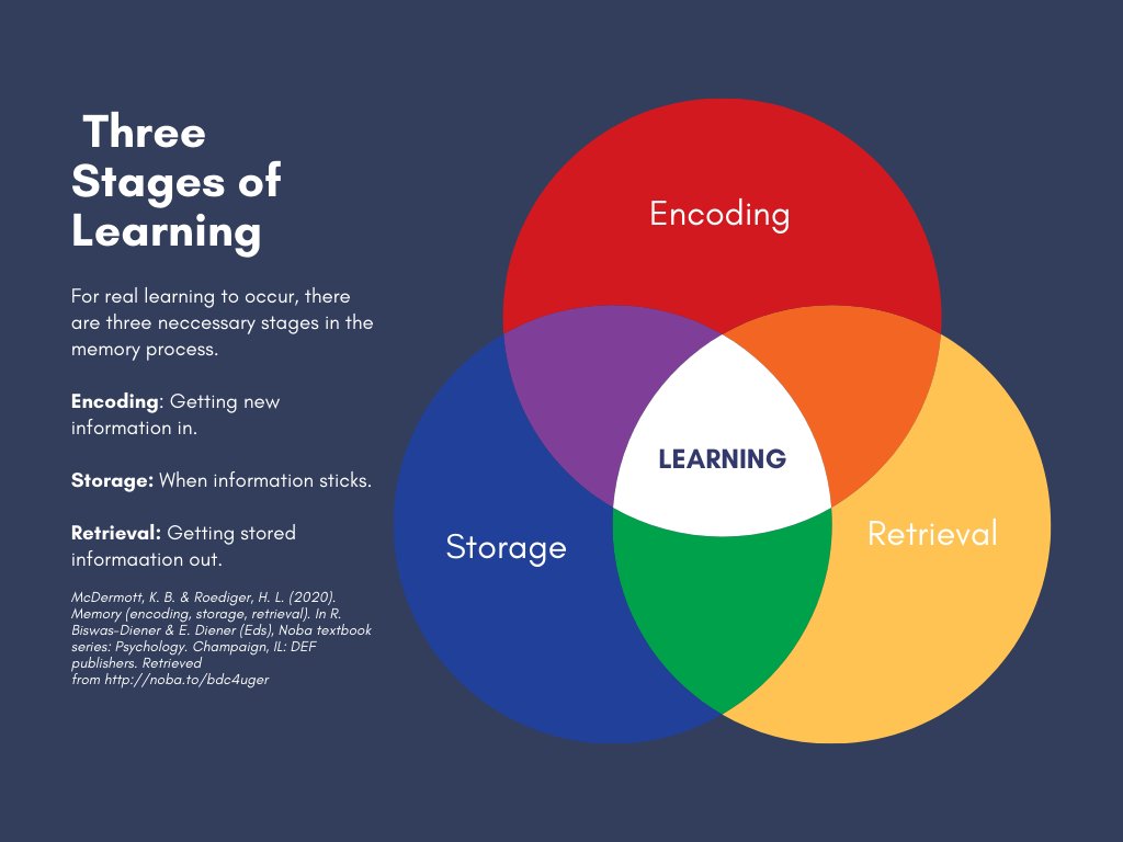 teacher_corey's tweet photo. This week I'll be discussing the Three Stages of Learning: Encoding, Storage, and Retrieval. According to cognitive scientists, these are the three main processes involved in human memory. #2MT #TCDK #retrievalpractice #learning https://t.co/FtPC2JD8IW