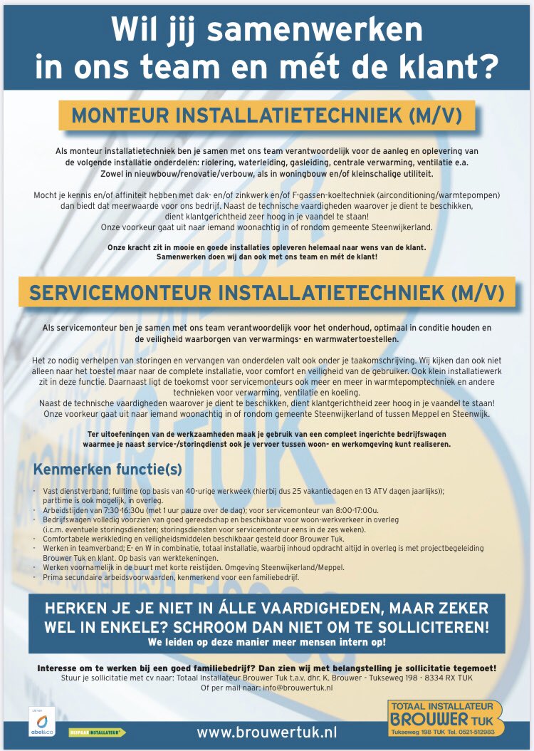 ▶️ A T T E N T I E ! ◀️

Lees rustig door en:
- reageer 😃, of
- like en retweet

Vervulling van deze vacature(s) via Twitter wordt gewaardeerd en beloond