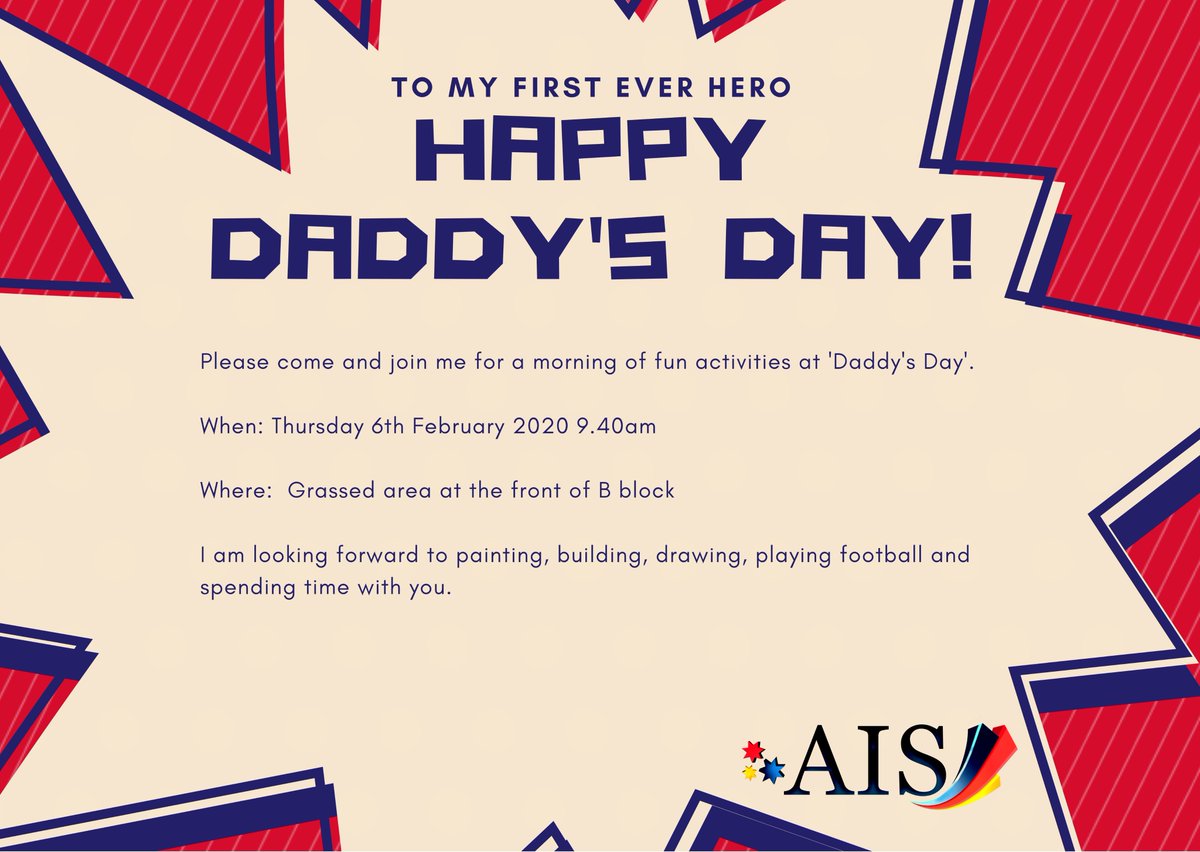 AIS_PrimaryHead's tweet image. We are looking forward to welcoming all of our ELC Daddy's to our 'Daddy Day' on Thursday 6th February at 9.40am. We hope to see you there. #AISELC #AISPrimarySch #AISEvents