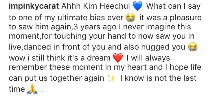 heechul commented "it was a pleasure to meet you. see you. " in spanish under a mexican cover dancer's instagram post after she performed a dance cover of super junior's song on "stage k" and super junior went to greet them backstage. heechul was her bias.