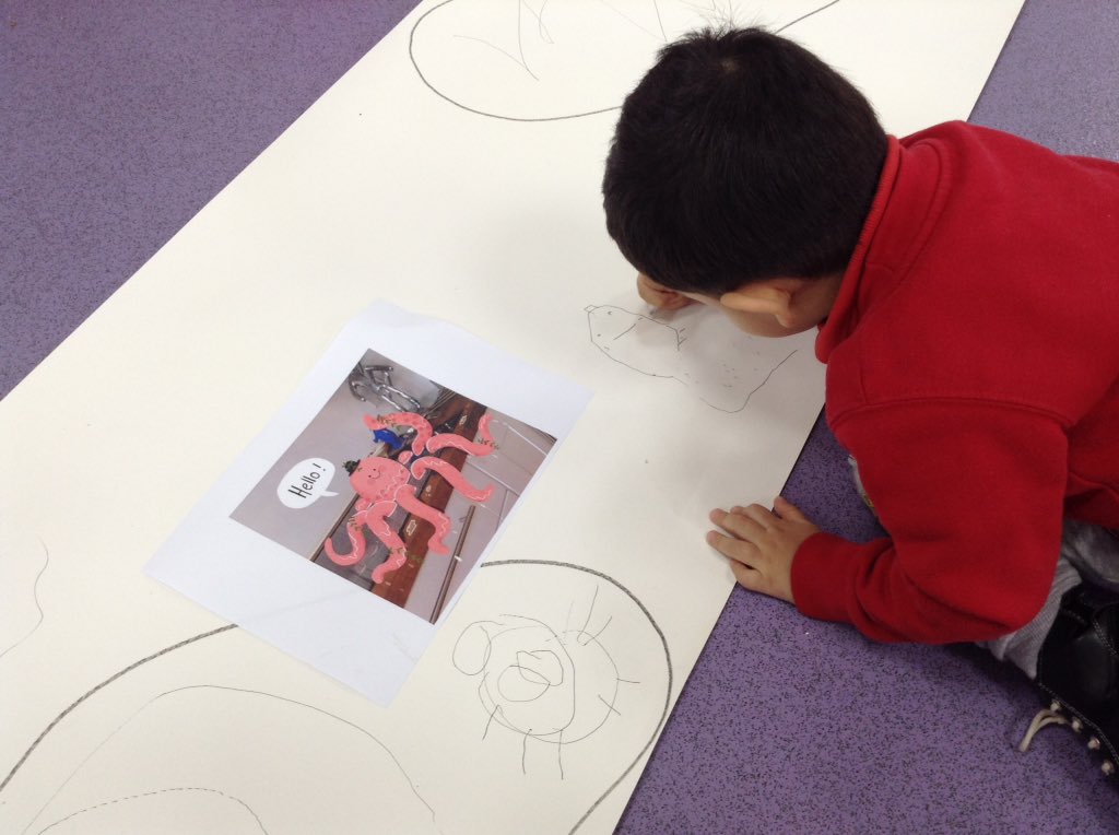 TerraceRoad's tweet photo. #trpturtles enjoyed using their imagination and shared their ideas with their friends on what type of adventure Octi the Octopus got up to after Miss Tucker found him in her sink! Lots of excellent mark making ⭐️ #trplit https://t.co/nDmOiTPZTy