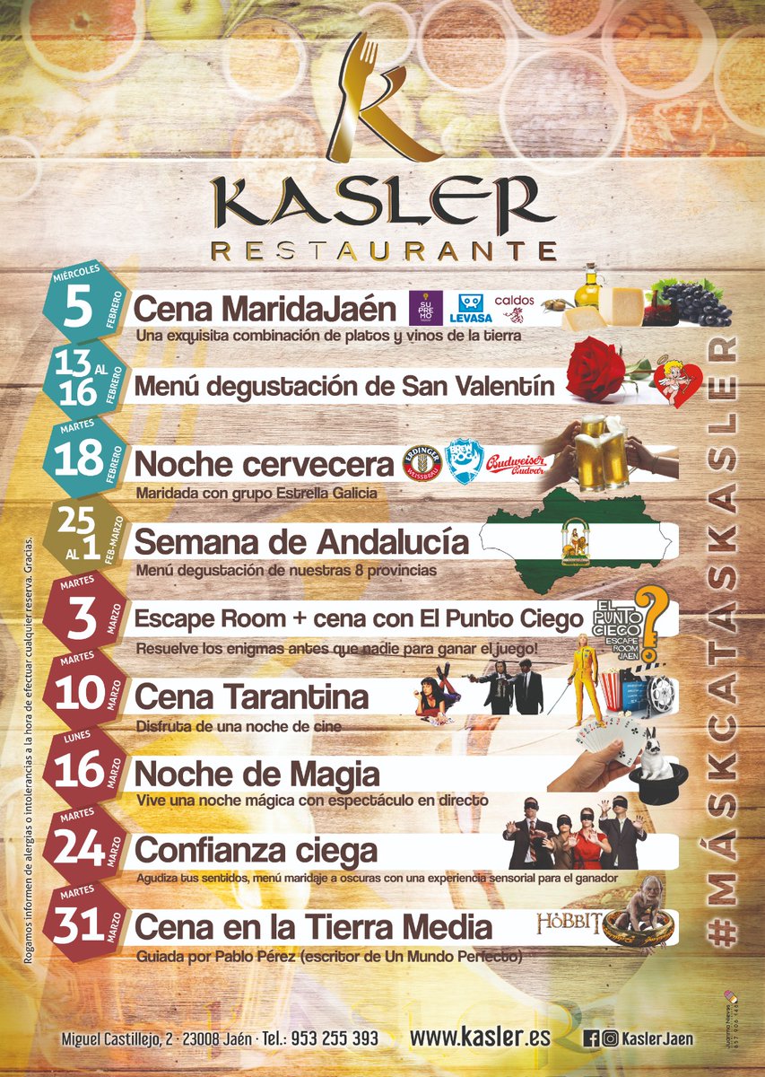 HoraJaen's tweet photo. #RECOMENDADO | En #febrero disfruta en @kaslerjaen de maridaJaén🍷. Si eres más de cerveza 🍺no te pierdas la noche cervecera 🍻. Además, San Valentín 💘 y la Semana de Andalucía 🥳.
‼️Reserva ya tu plaza‼️
☎️ 953 255 393
🌐 https://t.co/Patlay5QyJ
#Jaén #Restaurante #Kasler https://t.co/Ba8xDVsvAk