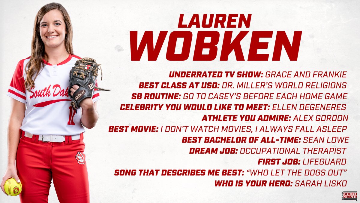 1⃣1⃣ Days until 🐺🥎!
Our #11 is Lauren Wobken, a junior infielder from Scribner, Neb. Learn more about Lauren below and #GoYotes!

#WeAreSouthDakota | #43OVERME