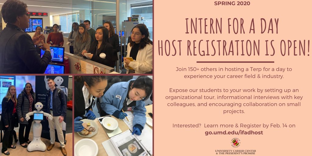 UMDCareerCenter's tweet photo. Calling all #Terp alumni & friends to #UMD -we are looking for professionals of all industries to host our students for half/whole day job shadowing opps in DMV thru our popular #InternForADay program! More deets & reg: https://t.co/hSOFyTNTos @Maryland_Alumni https://t.co/YnO3QOKAsz