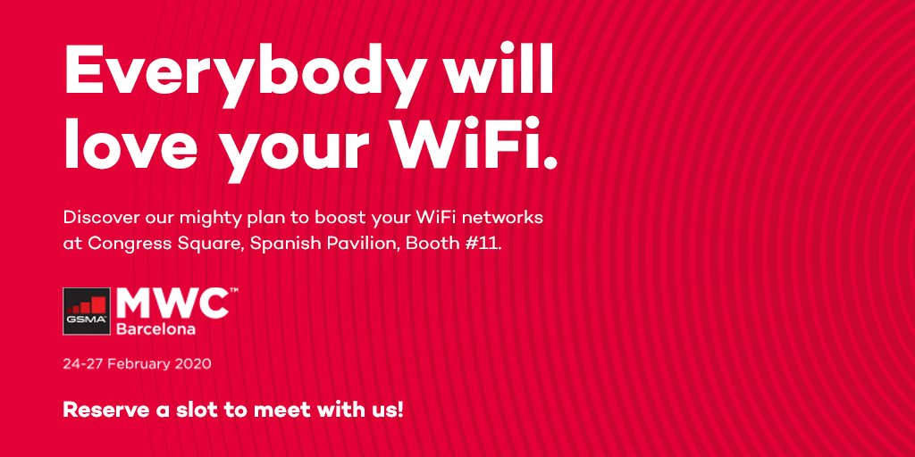 galgus_'s tweet photo. Everybody will #LoveYourWiFi! Will you attend #MWC20 in #Barcelona? visit us and discover our mighty plan to boost your #WiFi networks. Congress Square. Spanish Pavilion. Booth#11. #SpainMWC. Reserve a slot to meet with us: https://t.co/3D0VOGyhvZ https://t.co/ZyD8mwJuq1
