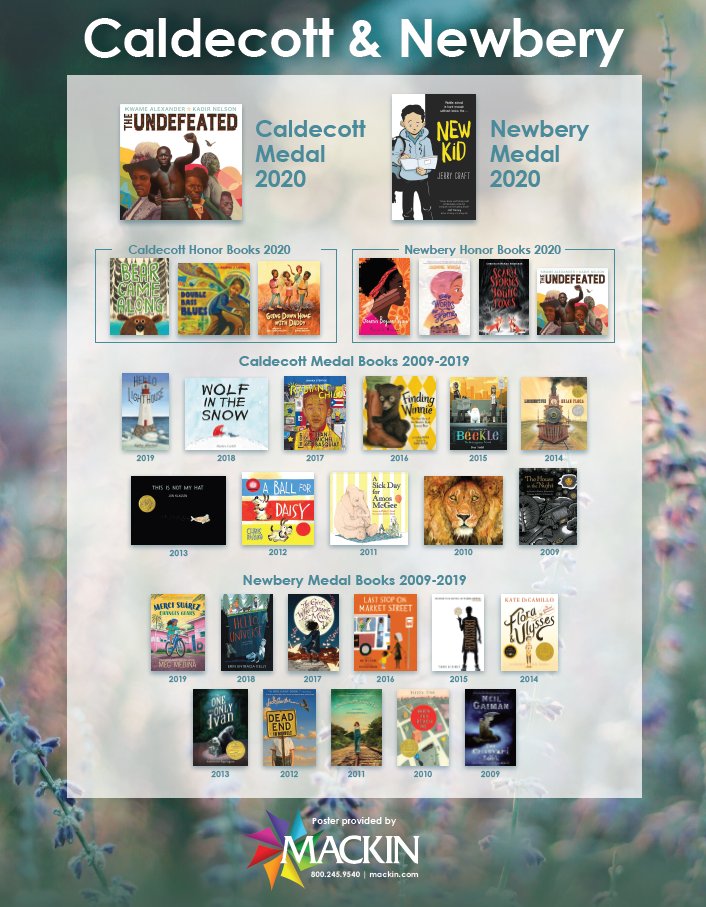 MackinLibrary's tweet image. Decorate your classroom(s)/library with this FREE poster celebrating the 2020 Newbery and Caldecott winning titles from Jerry Craft (New Kid) and Kwame Alexander &amp;amp; Kadir Nelson (The Undefeated)!

Find it here: bit.ly/2RMDMSU
#ALAyma #alamw20 #alamw2020 #tlchat #edchat