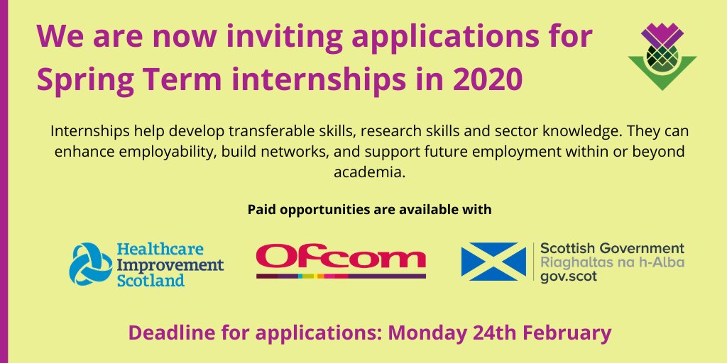 SocSciScotland's tweet photo. 📢Spring #internships now live! We're now accepting applications from #PhD students to undertake 3 month internships this spring. Paid opportunities available with @scotgov, @online_his, and @Ofcom! Deadline for applications is February 24. More info 👉 https://t.co/PmOveYSPWe https://t.co/LxEsWJA7CA