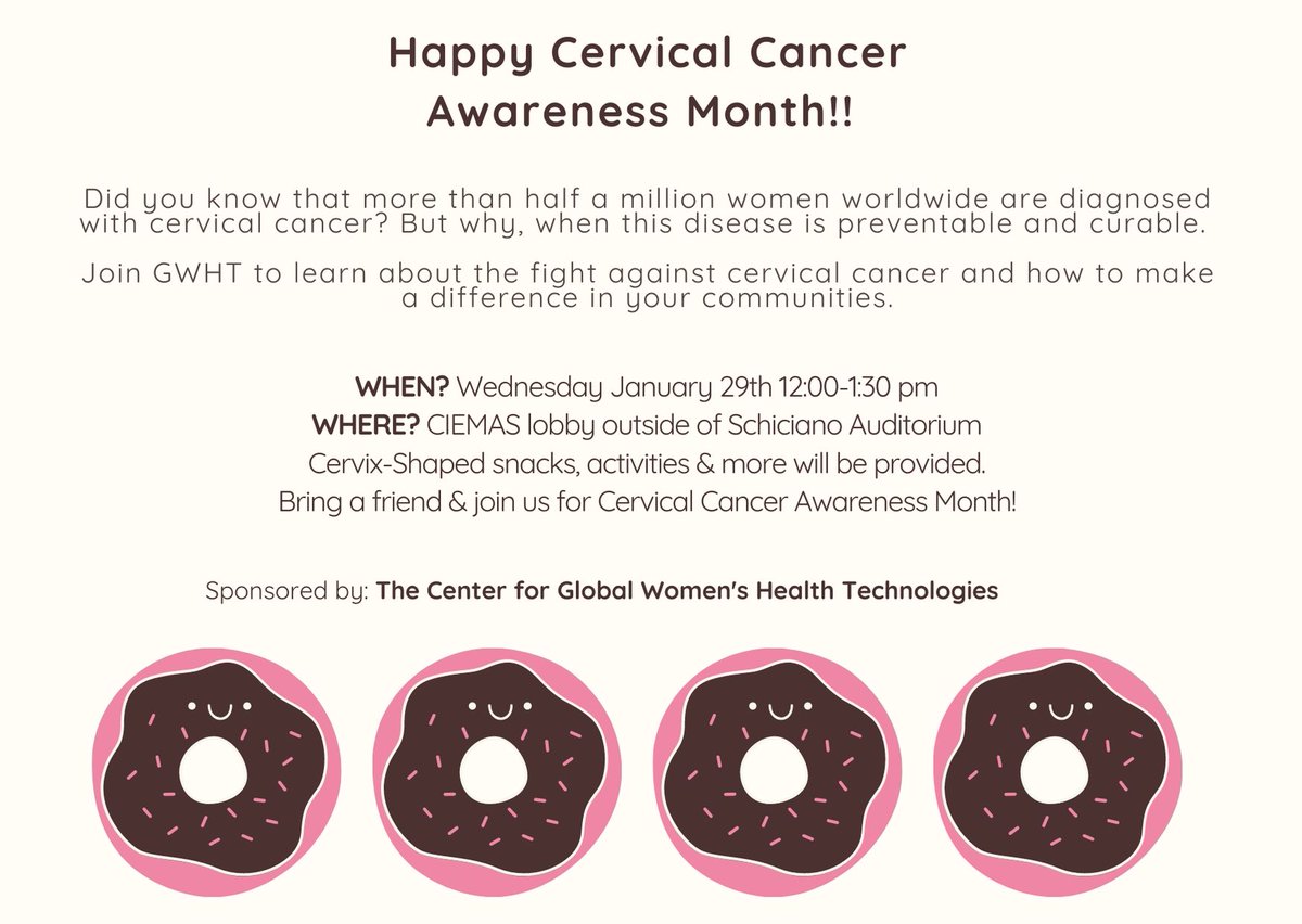 DukeGWHT's tweet photo. Join us this Wednesday at 12pm in the CIEMAS lobby to learn more about Cervical Cancer Awareness Month! Snacks, activities, and more will be provided. #cervicalcancer #🍩 #GWHT @DukeUCAE https://t.co/euMOWFsili