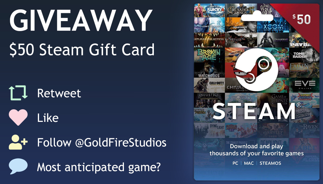 🚨#GIVEAWAY🚨

I want to know your favorite upcoming games, so I’m giving away a $50 Steam gift card!

To enter:
💞 Retweet and like this post
👉 Follow <a href="/GoldFireStudios/">James Simpson</a>
💬 Reply with your most anticipated game

Winner on Feb 3!

#Steam #gamedev #gaming #sweeps #contest