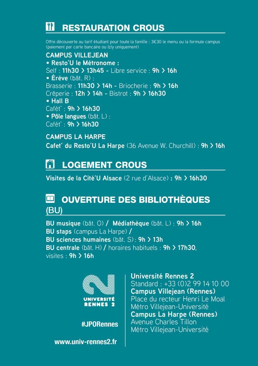 [Save the date] Samedi 8 février 2020, de 9h à 17h, découvrez nos campus et nos formations lors de la #JPORennes !
🔗univ-rennes2.fr/article/rendez…
#Villejean #LaHarpe #lycées #EnseignementSupérieur #université
Le programme #rennes2 👇