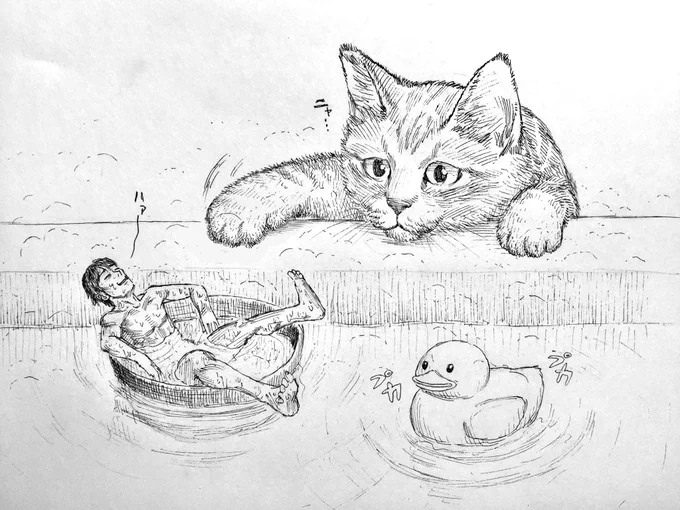 小さくなったらやりたい事
その5 湯船でプカプカ茶碗風呂?
(沈みそうだけど?)
#ペン画 #猫 